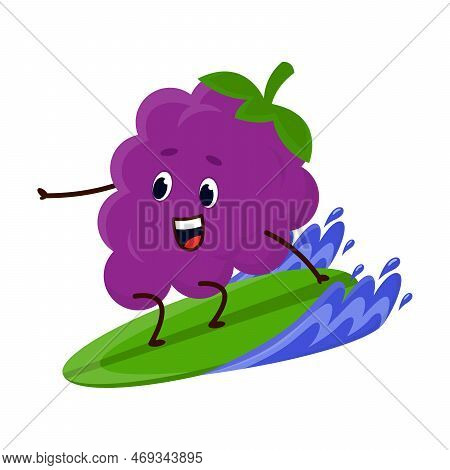 Juicy Fresh Forest Blackberry Fruit On Surfboard Conquers Wave. Cheerful Fruit Is Engaged In Extreme