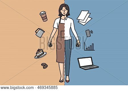 Smiling Young Woman With Two Occupation Being Waitress And Office Worker. Happy Female Various Profe