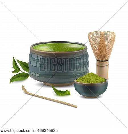 Realistic Detailed 3d Chasen, Chashaku, Chawan And Bowl Of Green Matcha Powder Set Tea Ceremony Conc