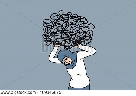 Unhappy Arabic Businesswoman Carrying On Shoulder Heavy Messy Load Suffer From Work Difficulties And
