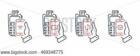 Smartphone Nfc Technology Bank Pos Processing Line Icon. Process Of Payment On Terminal Pictogram Se