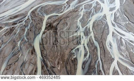 Glacial Rivers From Above. Aerial Photograph Of The River Streams From Icelandic Glaciers. Beautiful