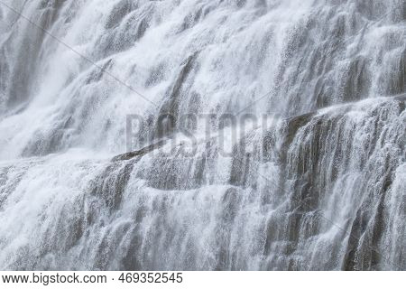 Dynjandi Waterfall Water Texture, Beautiful Pure Nature In Iceland, Powerful Mountain River Backgrou