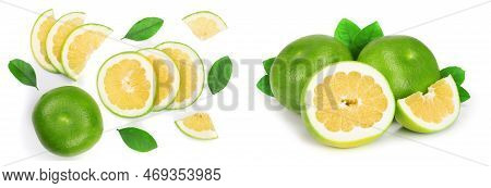 Citrus Sweetie Or Pomelit, Oroblanco With Slices And Leaf Isolated On White Background Close-up. Top