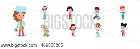 Kids In Medical Uniform Playing Doctors And Nurses With Toys Vector Set