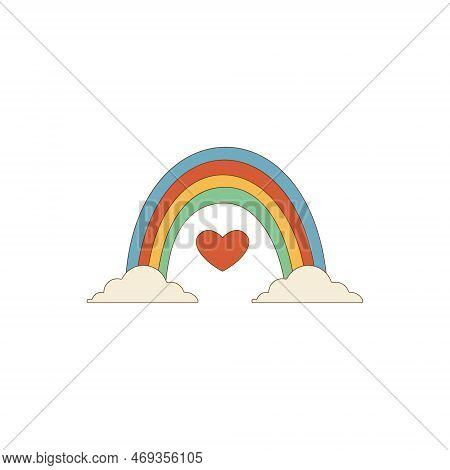 Groovy Rainbow And Cloud With Deco Elements. Design For Card, Poster,sticker.prinr In Trendy 70s, 80