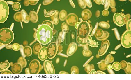 St. Patricks Day Abstract Golden Coins With Clover On Green Backdrop. Shamrock Leaves. Patrick Day B