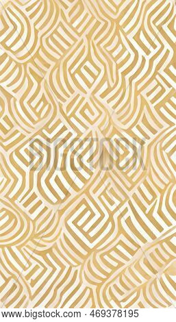 Meander Pattern. Abstract Background. Maze Design. Golden White Color Indigenous Intricate Fret Cont