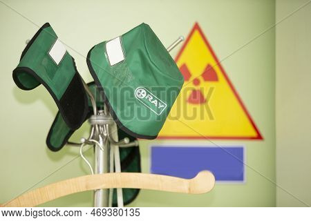 Protective Medical Hat Against Radioactive Radiation During Treatment Or Diagnosis In A Hospital.