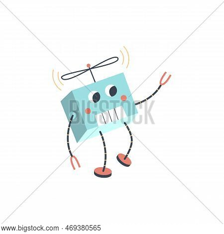 Cute Baby Robotic Flying Quadcopter Flat Cartoon Vector Illustration Isolated.