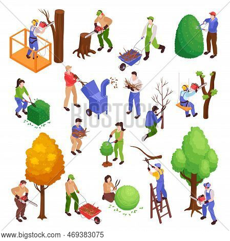 Garden Workers Set With Trimming Symbols Isometric Isolated Vector Illustration