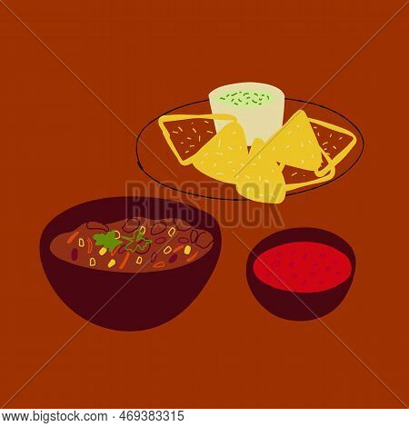 Mexican Food Illustration Chili Con Carne And Nachos With Guacamole On Red Background