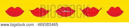 Female Lips Icon. Red Lipstick Makeup. Sexy Lip Set Line. Woman Girl Mouth Set. White Teeth Tooth. S