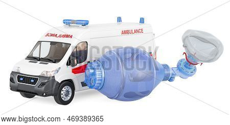 Ambulance Van With Bag Valve Mask, 3d Rendering Isolated On White Background