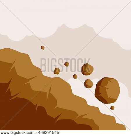 Rock Rolls Off Cliff. Falling Boulder. Rockfall And Landslide. Brown Earth. Flat Cartoon Illustratio