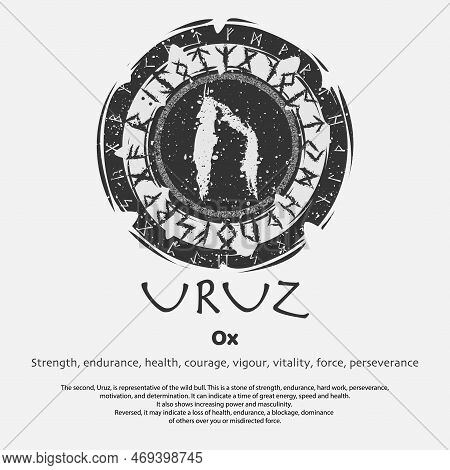 Abstract Flat Dark Circle Shield With Viking Symbol Isolated On White Background. Scandinavian Uruz 