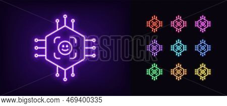 Outline Neon Id Circuit Icon. Glowing Neon Micro Circuit Frame With Face Id Sign, Face Recognition S