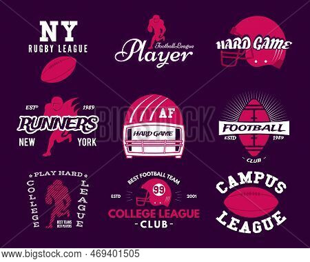 American Football Logo Templates Set In Modern Flat Style. Rugby Badges Isolated On Dark Background.