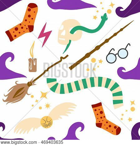 Witches School Of Magical Objects Seamless Pattern In Flat Style
