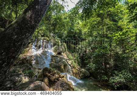 Landscape View Of Erawan Waterfall Kanchanaburi Thailand.erawan National Park Is Home To One Of The 