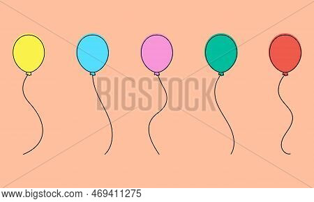 Balloons In Cartoon Style. Bunch Of Balloons For Birthday And Party. Flying Ballon With Rope. Blue, 