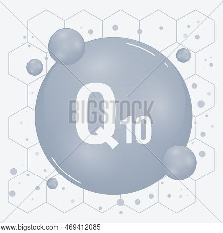 Q10 Shining Pill Capcule Icon. Vitamin Complex With Chemical Formula, Coenzyme Q 10. Meds For Heath,