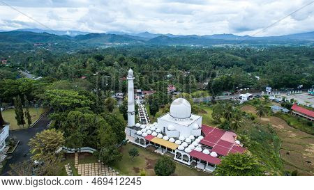 Aerial View Of West Sumatra Grand Mosque. With Modern Architecture With The Concept Of Traditional B