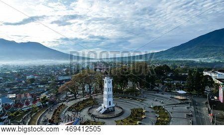 Aerial View Of Jam Gadang, A Historical And Most Famous Landmark In Bukittinggi City, An Icon Of The