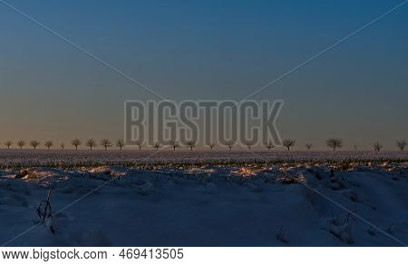 Sunset In Thuringia With Snow At Krippendorf In Winter