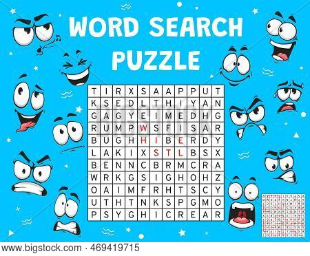 Cartoon Emoji Face Expression, Word Search Puzzle Game Worksheet, Vector Word Quiz. Search And Find 