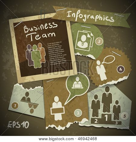 Sada infografika od roztrhané kousky papíru ve Vintage stylu Scrapbooking. Týmová práce
