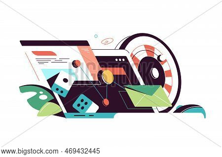 Business As Gambling Vector Illustration. Laptop With Rising Graph, Coins, Roulette And Dice, High-s