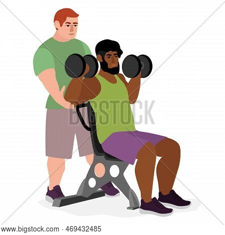 Sport People Individual Personal Trainer Coach In Gym. Men Women Training Exercising Fitness Center 
