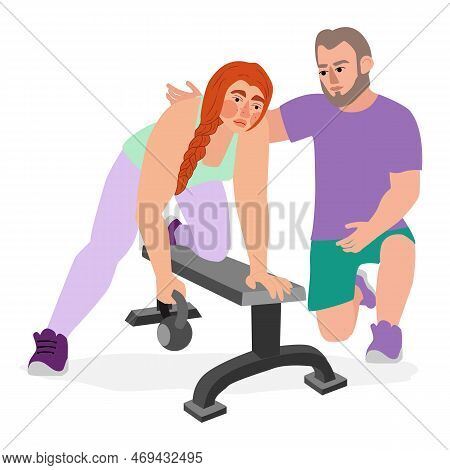 Sport People Individual Personal Trainer Coach In Gym. Men Women Training Exercising Fitness Center 