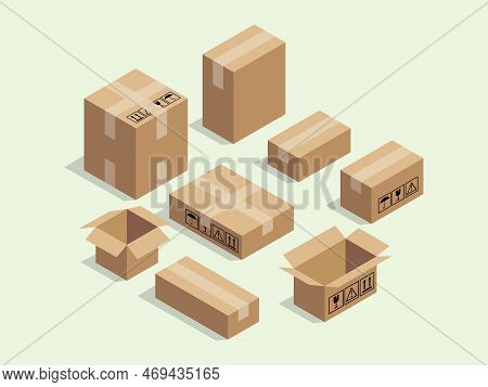 Cardboard Isometric Box For Shipping Packaging With Various Size Package Vector Illustration
