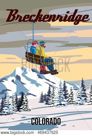 Travel Poster Ski Breckenridge Resort Vintage. America Winter Landscape Travel Card