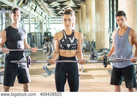 Group Of Young Sporty People Working Out With Barbells At Gym.