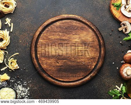 Uncooked Pasta, Brown Champignons Mushrooms, Vegetables, Cheese - Ngredients For Tasty Cooking On Ol