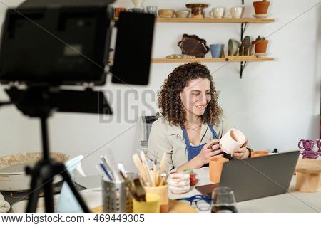Females Potter In Blue Apron Making A Vlog, Recording Online Course, Clay Master Class, Lessons In H
