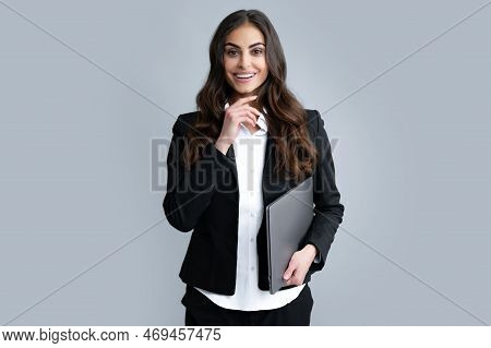 Portrait Of Positive Cheerful Ceo Expert Business Woman Work At Laptop Isolated Over Gray Background