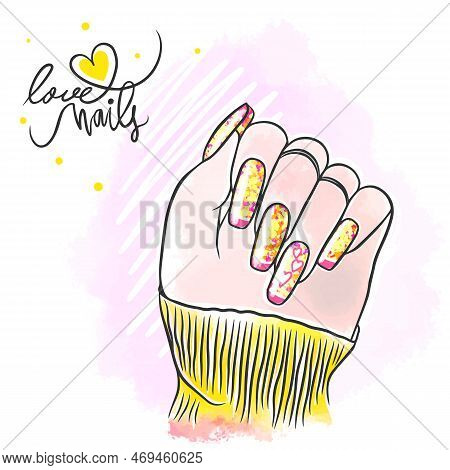 Romantic Golden Pink Nail Design, Long Nails, Love Nails, Manicure