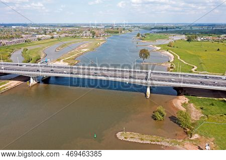 Aerial From Bridge Over The River Lek With The Highway A2 Near Utrecht In The Netherlands
