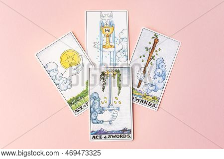 London, Uk: 6 January, 2023: Minor Arcana - Ace Of Cups, Ace Of Wands, Ace Of Swords And Ace Of Pent