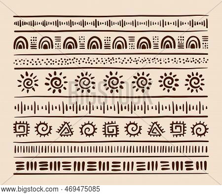 Stylized African Pattern. Ethnic And Tribal Motifs. Hand Drawn. Horizontal Stripes. Black And White 