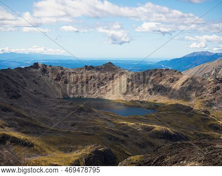 Scenic Mountain Panorama Of Idyllic Alpine Angelus Hut On Lake Shore In Nelson Lakes National Park T