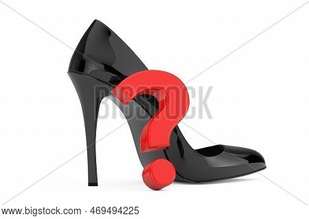Black High Heels Wooman Shooes With Red Question Mark On A White Background. 3d Rendering
