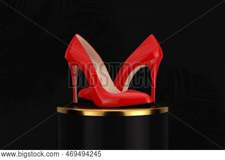 Red High Heels Wooman Shooes Over Black Promotion Stand On A Black Background. 3d Rendering