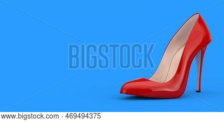 Red High Heels Wooman Shooes On A Blue Background. 3d Rendering