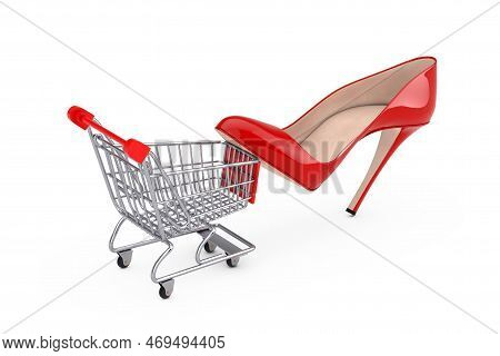 Red High Heels Wooman Shooes With Shopping Cart Trolley On A White Background. 3d Rendering