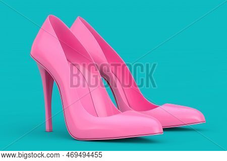 Pink High Heels Wooman Shooes In Duotone Style On A Blue Background. 3d Rendering